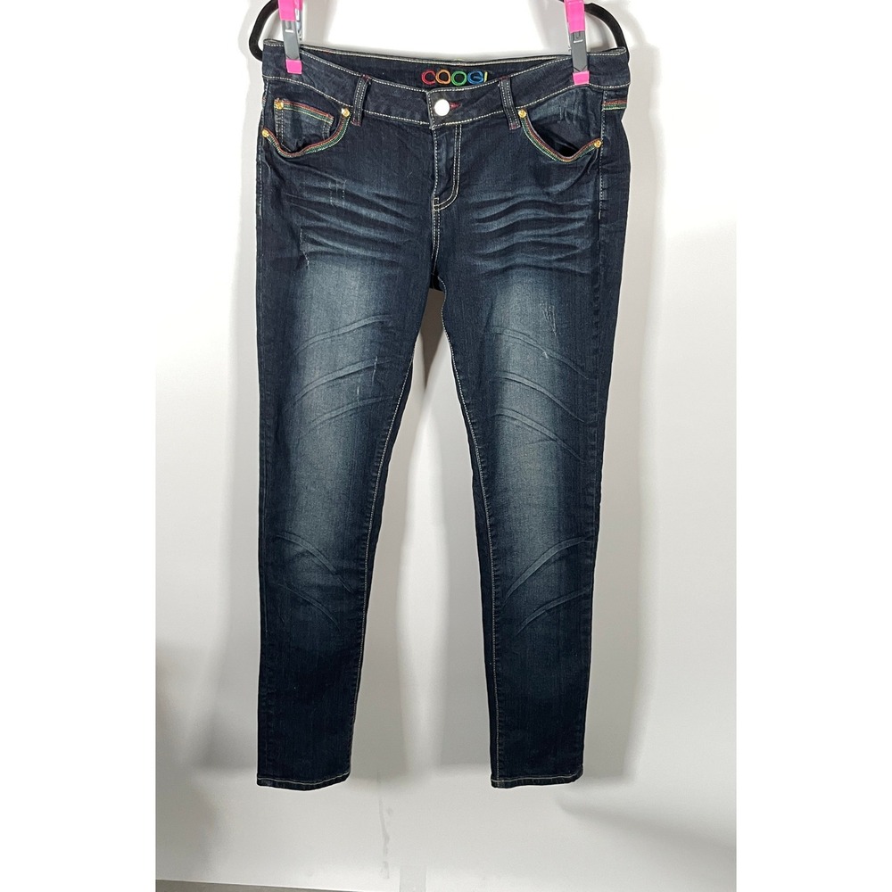 Coogi Womens Dark Wash Rainbow Embroidered Skinny Jeans Size 11/12 Y2K Denim